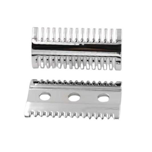 Double-sided safety razor head with open comb guard and three mounting holes, chrome