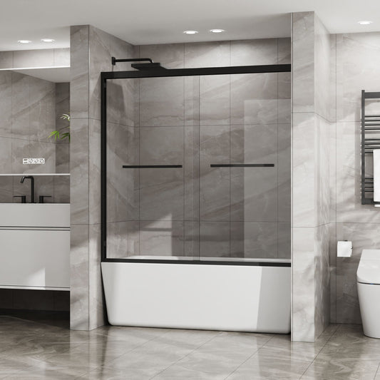 Matte black aluminum-framed sliding tub shower enclosure with clear tempered glass panels