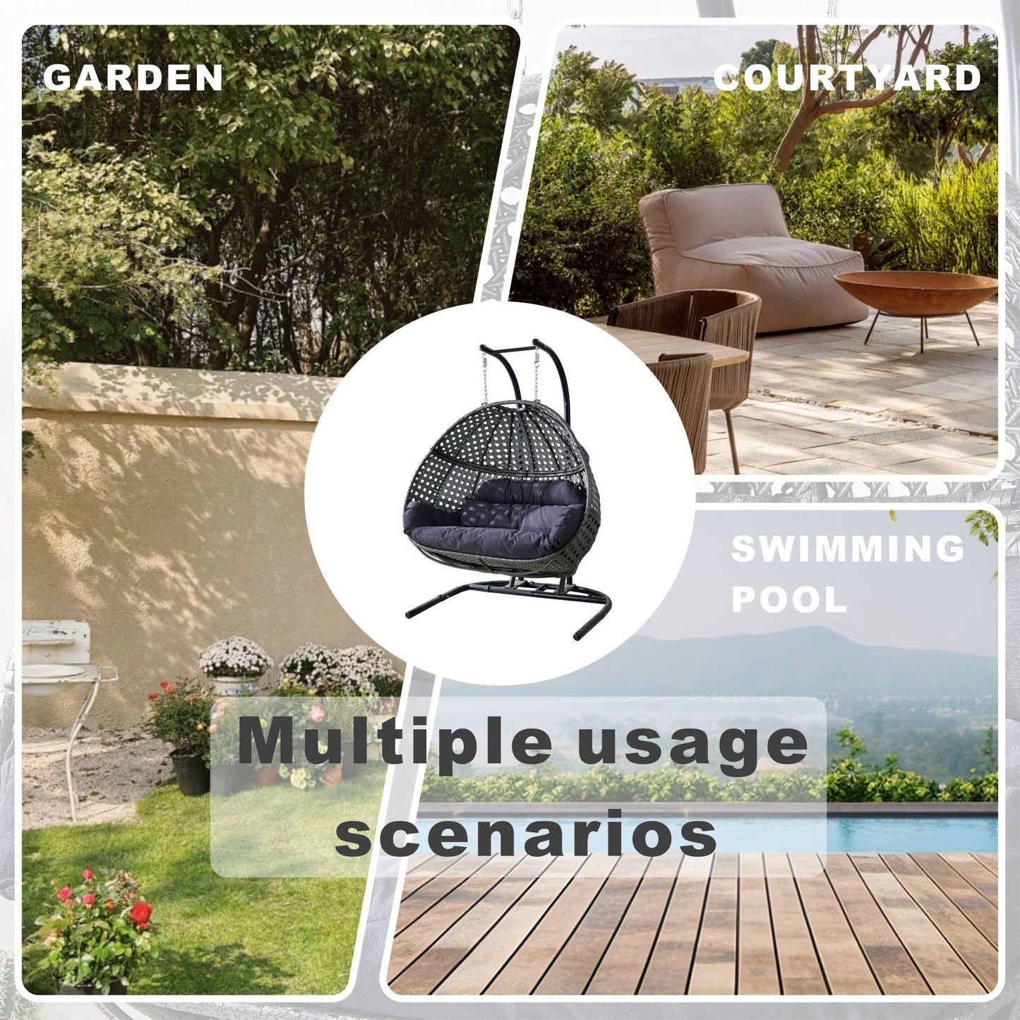 Double Wicker Swing Egg Chair, All-Weather Rattan Hanging Hammock Chair for Home Bedroom Patio Balcony,Black&Grey - Renee Lane Company