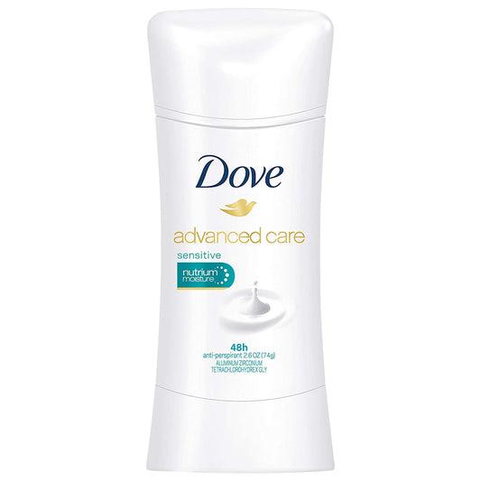Dove Advanced Care sensitive deodorant stick, white container with blue Dove logo