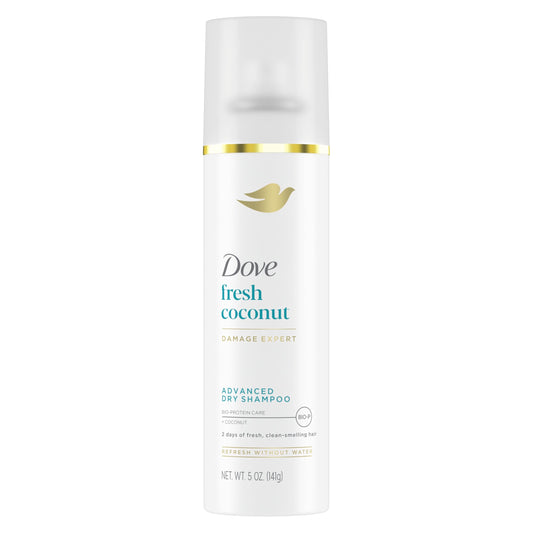 Dove fresh coconut dry shampoo spray, white bottle with gold stripe, 5 oz size