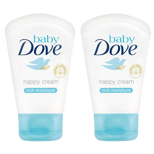Baby Dove nappy cream, rich moisture, two tubes in white and blue.