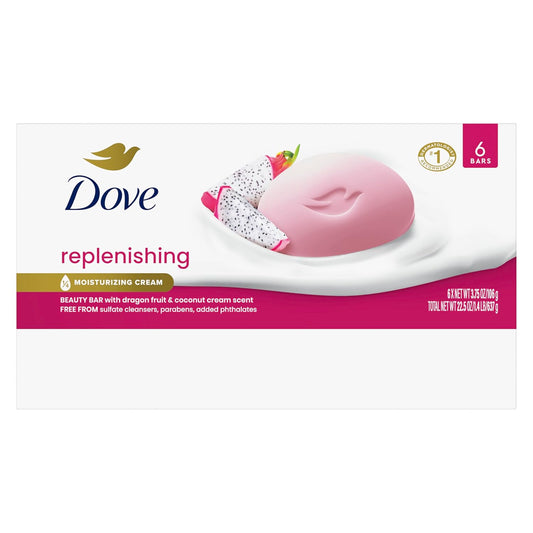Dove replenishing dragon fruit bar soap box, pink soap bar on tray, 6 bars