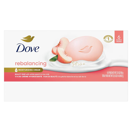Dove beauty bar soap rebalancing box front view, pink bar with peach and rice milk