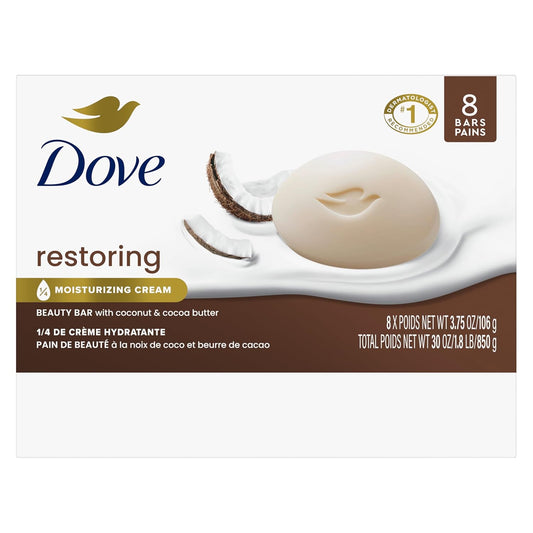 Dove Beauty Bar Soap Restoring Coconut & Cocoa Butter, 8 Bars for Restored Skin, Nourishes Skin 3.75 oz - Renee Lane Company