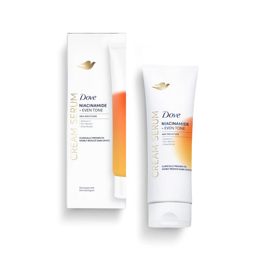 Body cream serum lotion, white squeeze tube shown beside boxed packaging