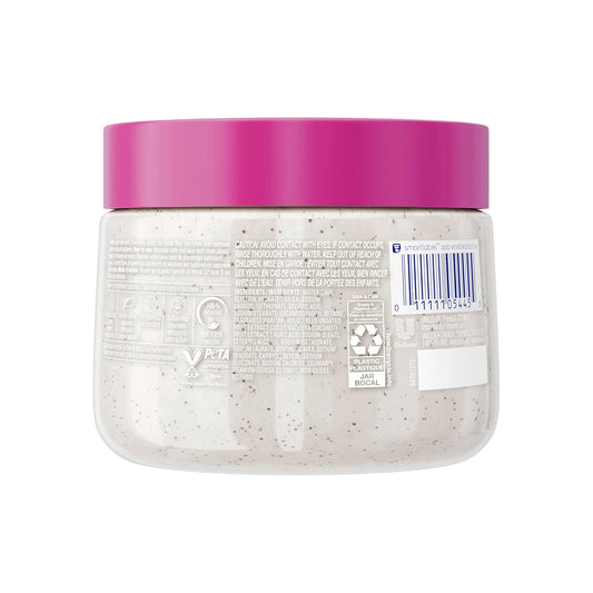 Body scrub jar with purple lid and back label with barcode and ingredient text.