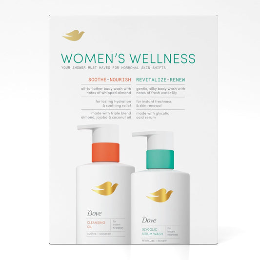 Dove body wash duo gift pack with two bottles, Women’s Wellness text on box