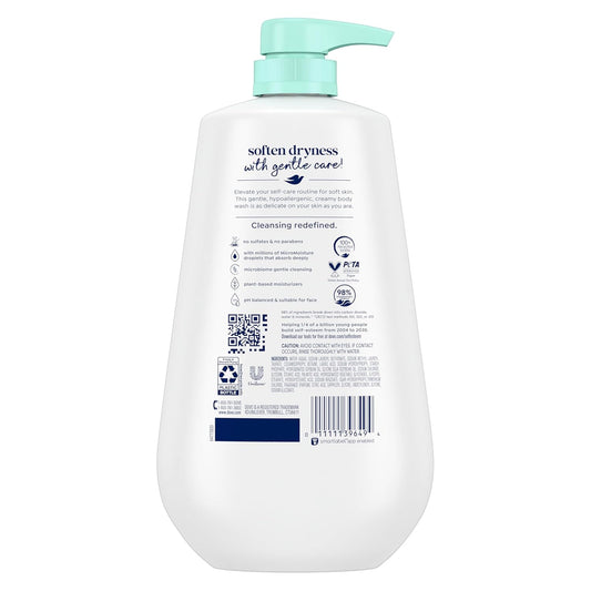 Dove sensitive skin body wash bottle with teal pump and back label