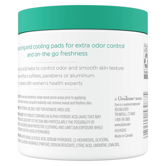 Dove deodorant pads container back label with ingredient and claim text
