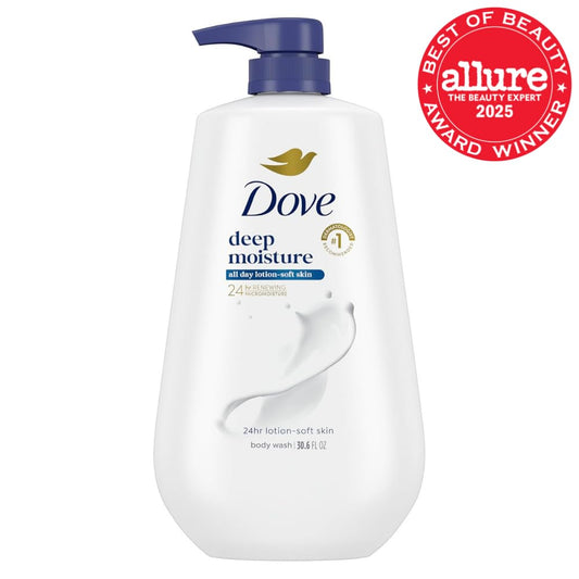 Deep moisture body wash pump bottle with Allure award badge