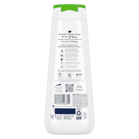 Body wash bottle with green cap and back label text on white