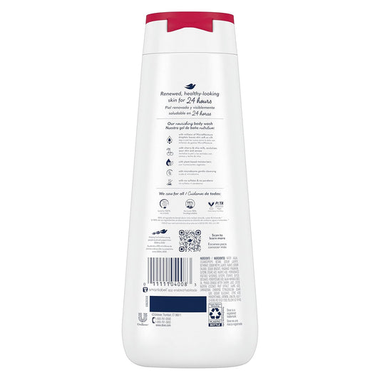 Dove body wash bottle back label with barcode and ingredient/directions text