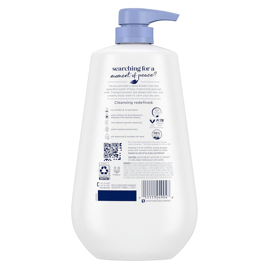 Dove body wash bottle with back label, white with blue pump