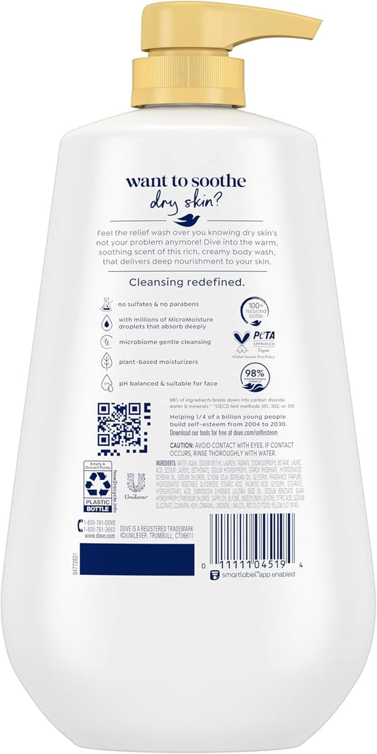 Body wash bottle with gold pump and white back label with ingredients panel