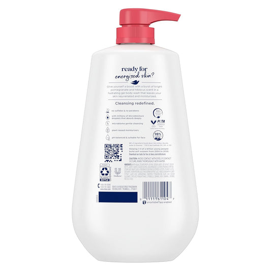 Dove body wash back label on white bottle with red pump