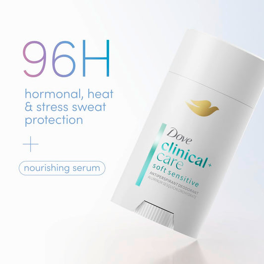 Dove Clinical Care soft sensitive deodorant stick, white with teal stripe and gold bird mark