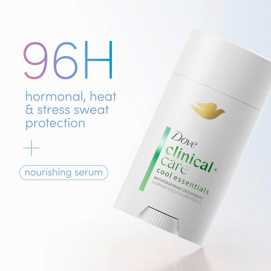 Antiperspirant stick with text callouts: 96H protection and nourishing serum