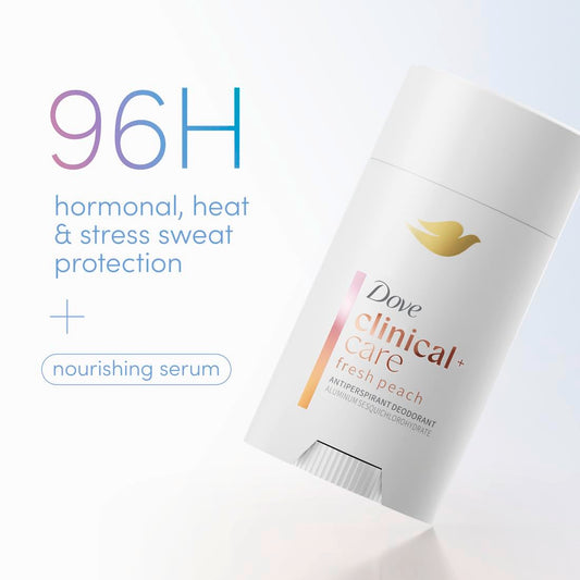 Dove Clinical Care Fresh Peach antiperspirant deodorant stick with 96H protection text