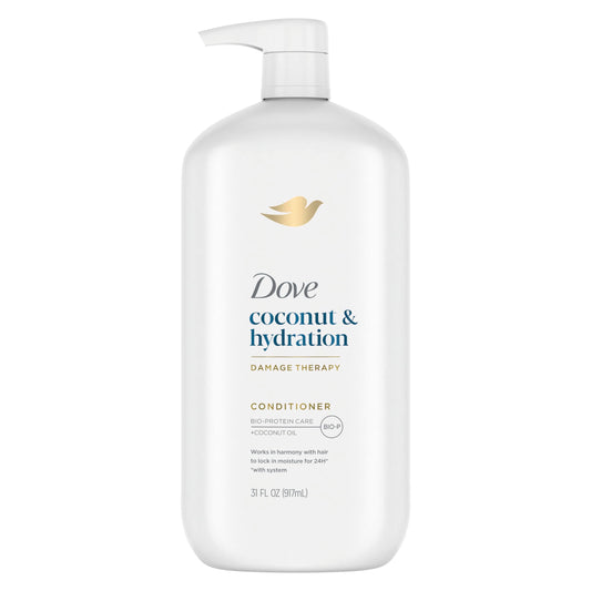 Conditioner bottle with pump, front label reading Coconut & hydration