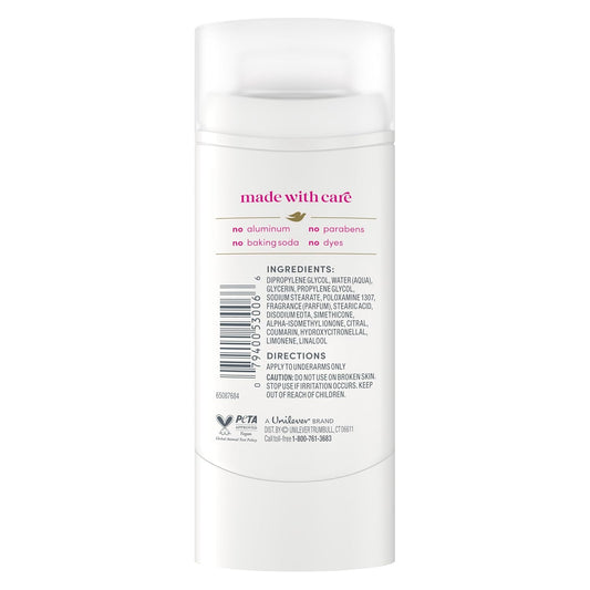 Dove aluminum-free deodorant stick back panel with ingredients and directions