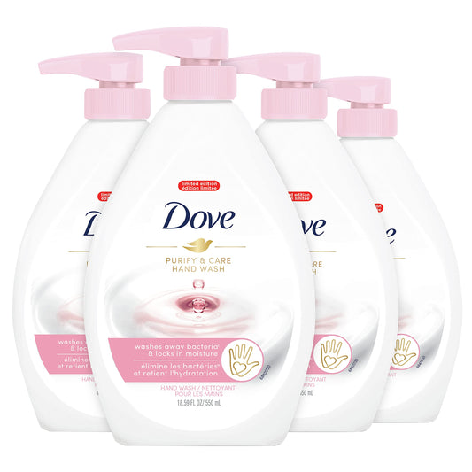 Hand wash bottle stack with pink pump tops and white containers with peach tea label.