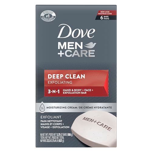 Men+Care deep clean exfoliating 3-in-1 hand body face bar multipack box, gray bar shown