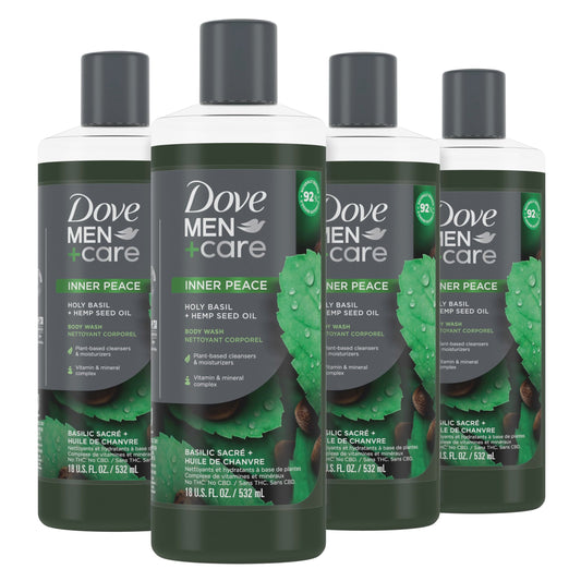 Dove Men+Care body wash 4-pack with green bottles and dark caps, Inner Peace