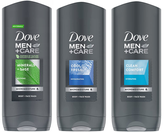 Three Dove Men+Care body wash bottles: green Minerals+Sage, blue Cool Fresh, teal Clean Comfort.