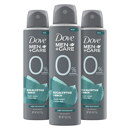 Three Dove Men+Care aluminum-free deodorant spray cans with eucalyptus/birch label.