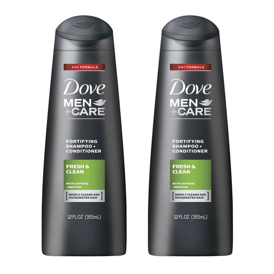 Pair of shampoo conditioner bottles, dark gray with black caps and Fresh & Clean labels