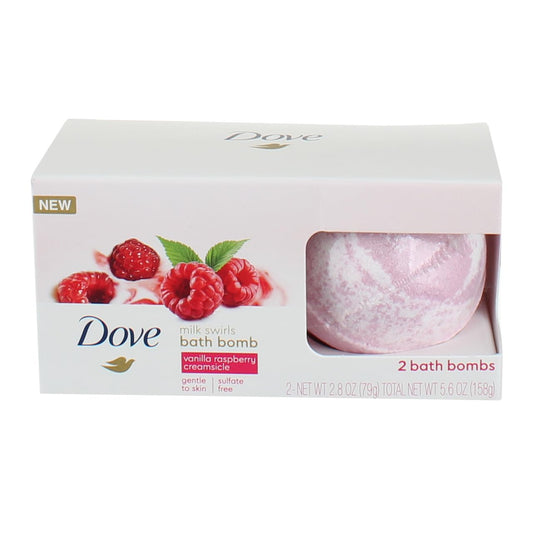 Dove bath bomb twin pack packaging showing two pink swirled bath bombs