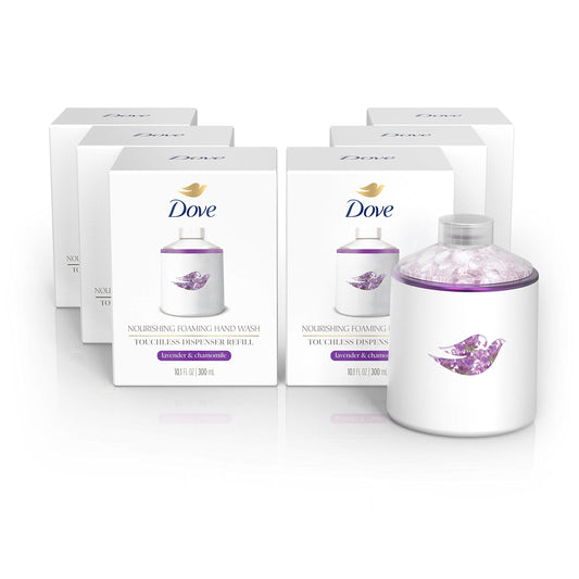 Dove foaming hand wash refill bottle with lavender & chamomile label and 2 boxes