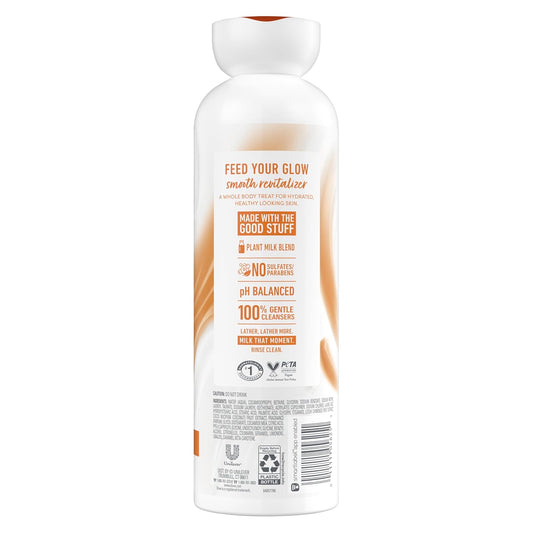 Dove body wash bottle back with product details and ingredient text, white and orange