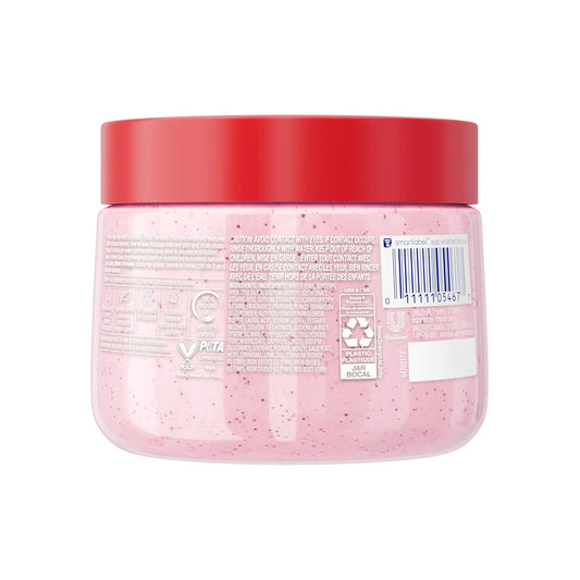 Pink Dove body scrub jar with red lid, back label and barcode