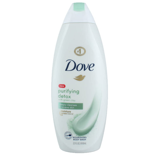Purifying detox body wash bottle with green clay graphic and Dove logo, 22 fl oz