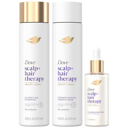 Scalp serum bottle with gold cap and dropper, Dove scalp+ hair therapy label