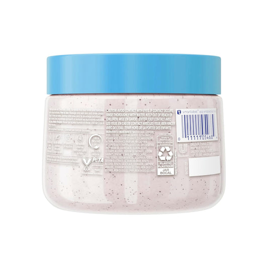Dove body scrub jar back label with barcode and ingredient icons