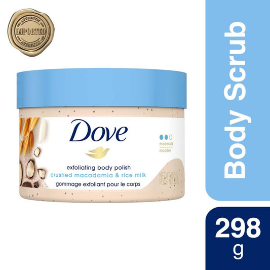 Dove body scrub jar with blue lid, front label; 298 g on package