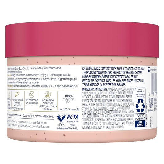 Dove body scrub jar with pink lid showing back label and ingredient information
