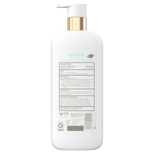 Acne Clear body wash bottle with gold pump and back label on white bottle