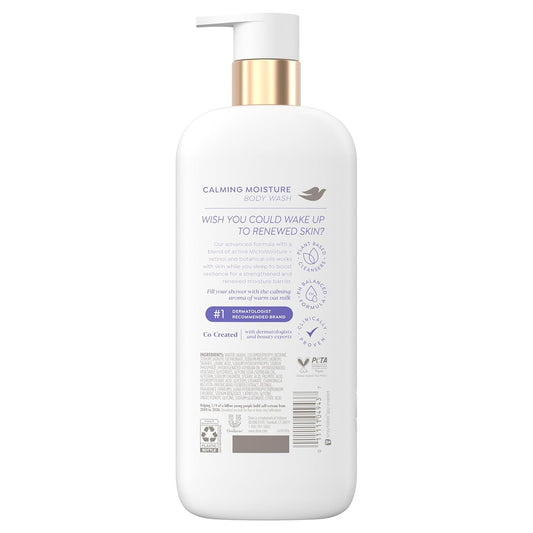 Calming body wash bottle back view with pump; ingredient and barcode label
