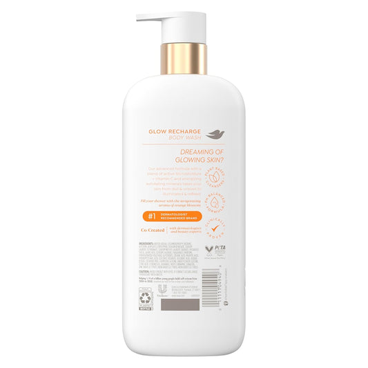 Glow Recharge body wash bottle with pump, white bottle, gold cap, back label view