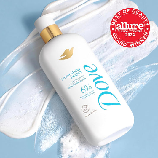 Dove Hydration Boost body wash bottle with gold pump and Allure award seal.