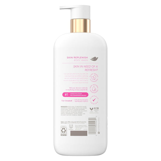 Dove body wash bottle with gold pump, white bottle back label view