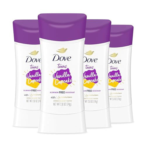 Four-pack teen deodorant sticks, white barrels and purple caps, vanilla cupcake