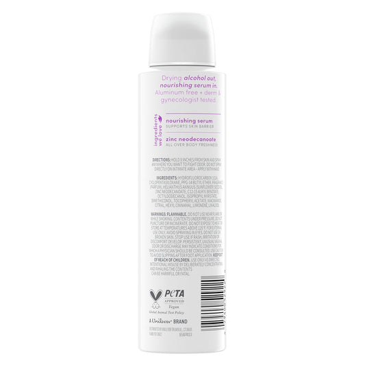 Dove alcohol-free whole body deodorant spray bottle, back label with ingredients and bar code