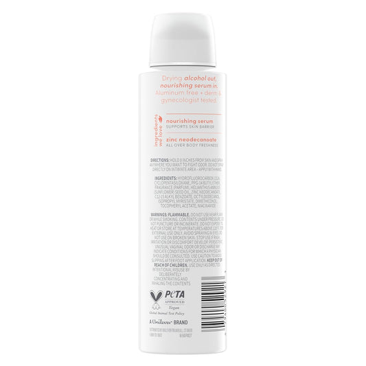 Dove alcohol-free deodorant spray, white back label with barcode and product info