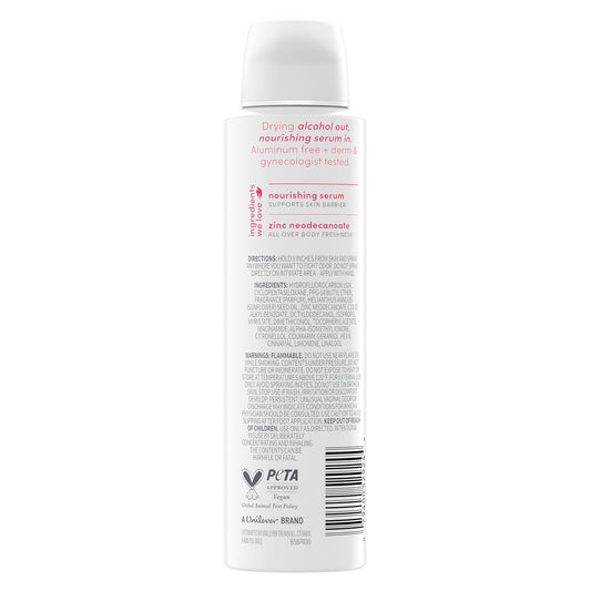 Dove alcohol-free whole body deodorant spray with back label on white canister