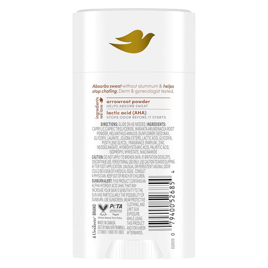 Dove whole body deodorant stick back label with ingredient and use information
